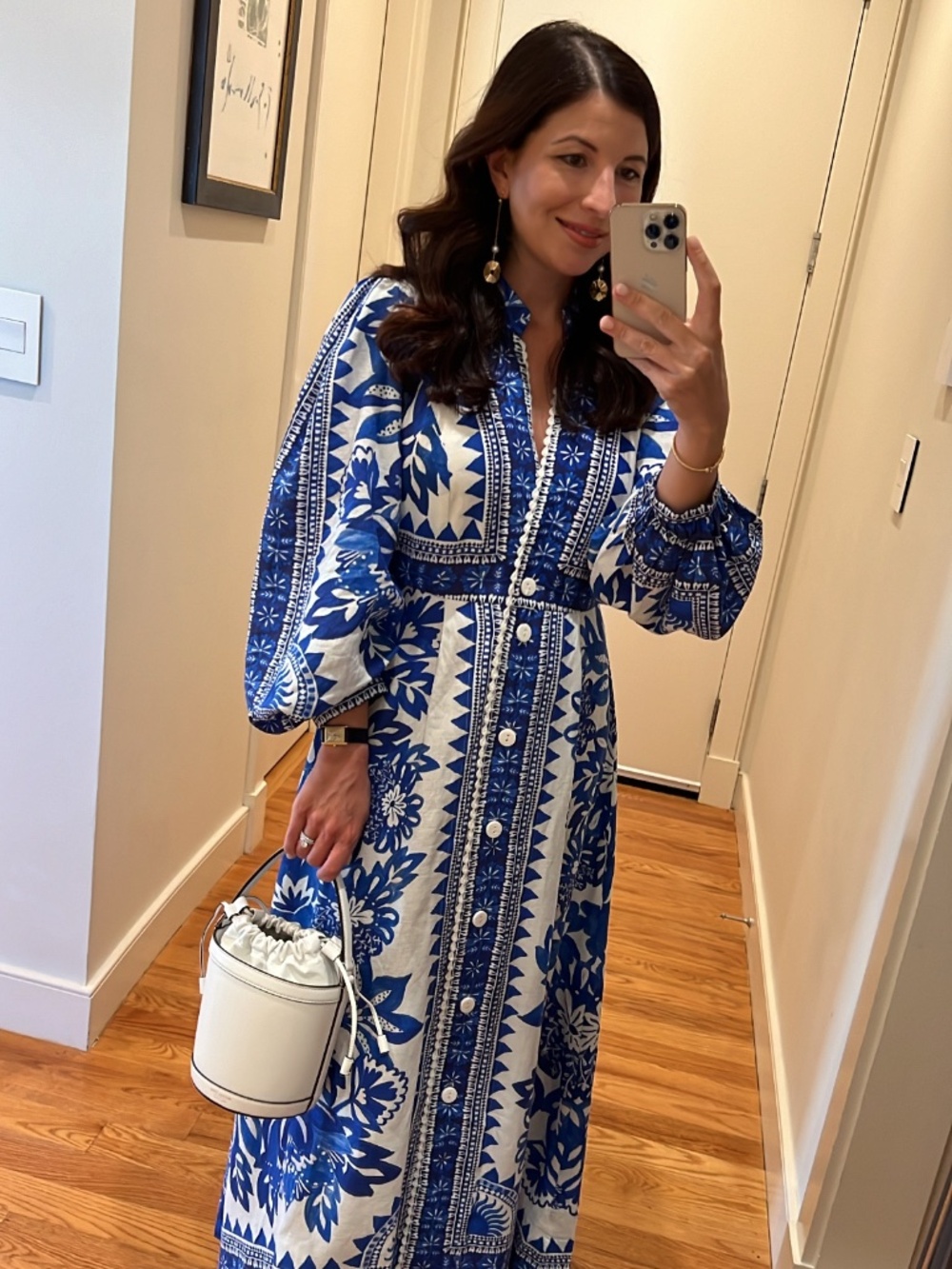 Farm Rio Tapestry Linen Maxi Dress Blue White Floral size Small